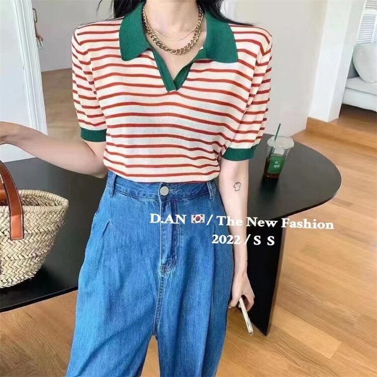 goods in stock! New in early summer! [d.an] contrast collar stripe short sleeve T-shirt ys1-1257# zxx