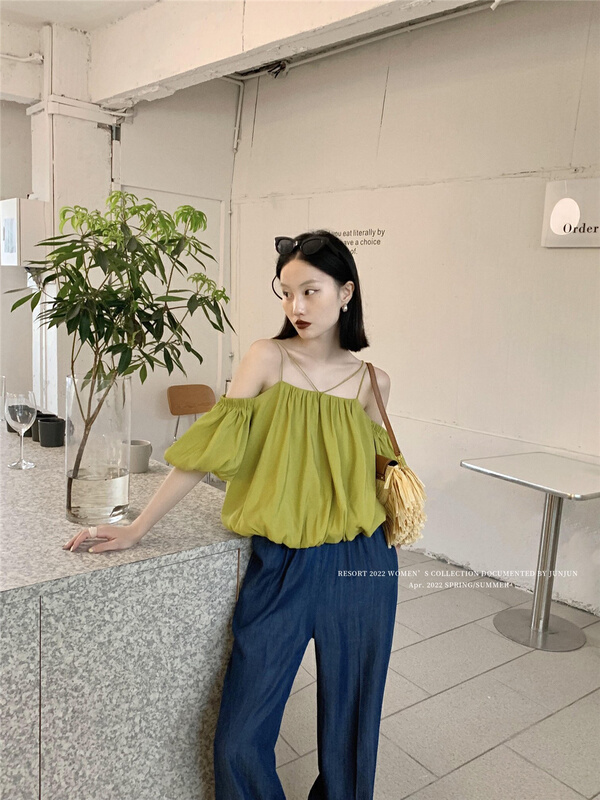 New in early summer! [DT class] design sense puffy suspender shirt 4647# XYJ