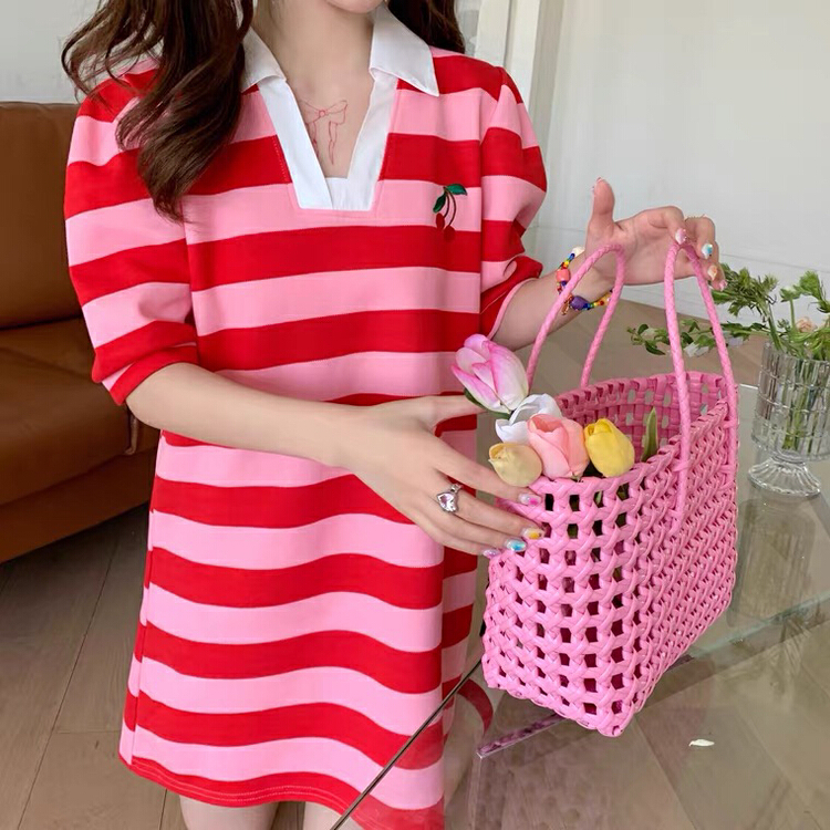 [L.L studio] Korean cherry embroidery stripe bubble sleeve dress 7635# PCZ