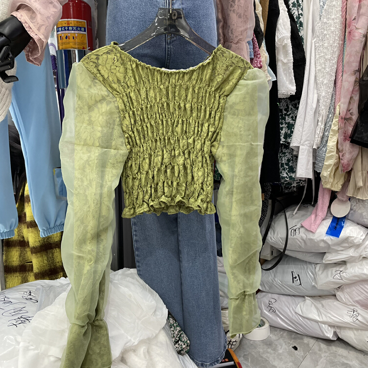goods in stock! [sec of me] versatile short lace Organza stitched blouse 06615# ozq