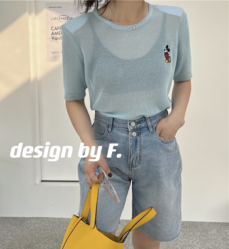 【F】 Korean Mickey embroidery shoulder pad short sweater m109# zxx