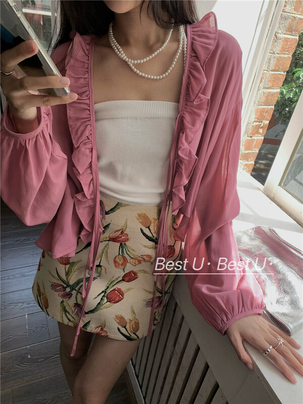 [best u] Korean style wind lotus leaf edge long sleeved sunscreen shirt 600009# LSW
