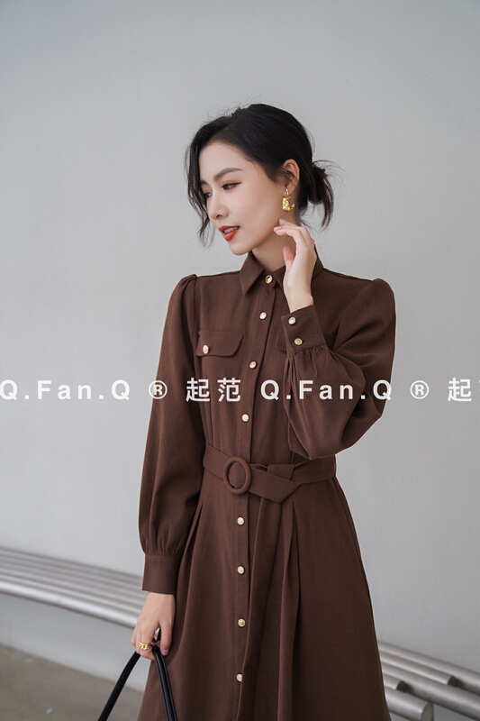 早冬上新!【起范】簡約個性百搭燈芯絨顯瘦連衣裙(配腰帶)  7763#  JJ