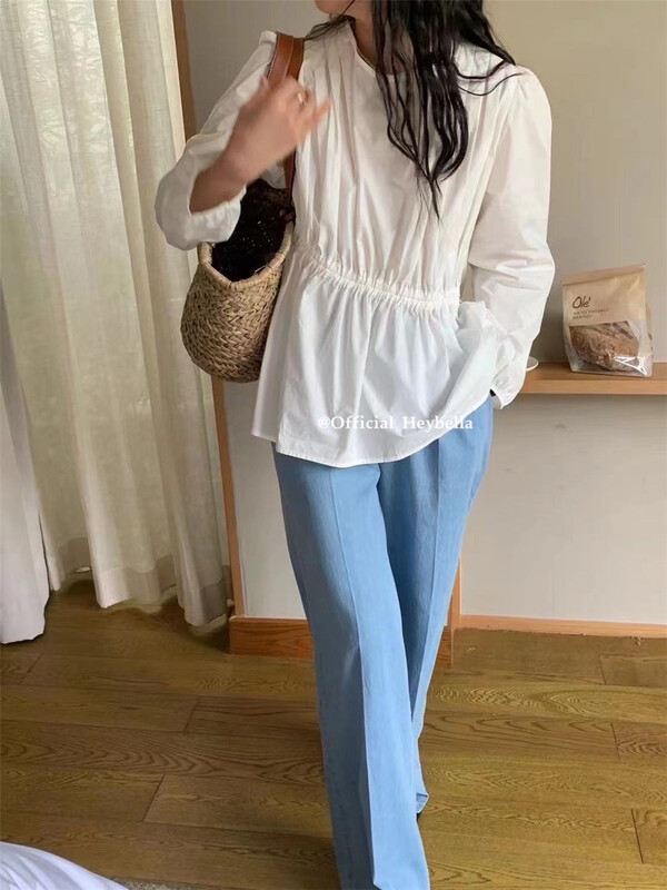 [hey Bella] Korean round neck waist drawstring blouse ys1-1213# ll