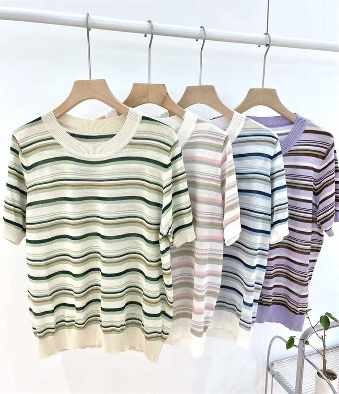 [sendu] Korean color contrast stripe short sleeve T-shirt 81383# zxx