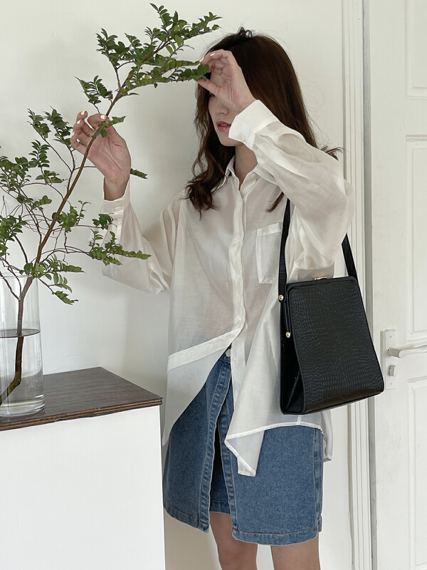 New in early summer! [ever true] simple and versatile side button micro transparent long sleeve shirt 21360# CLS