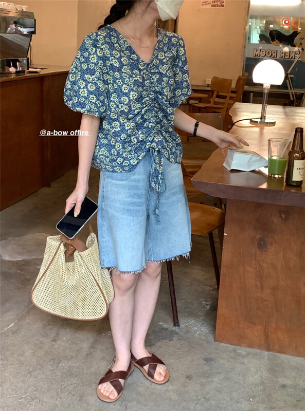 [a-bow studio] Korean printed drawstring short shirt 15130# ZSY