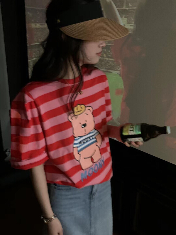 [path home] bubble sleeve cute bear stripe short sleeve T-shirt 80501# WTT