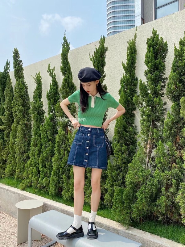 [moss queen] contrast collar versatile short knit blouse mq-59009# XYY