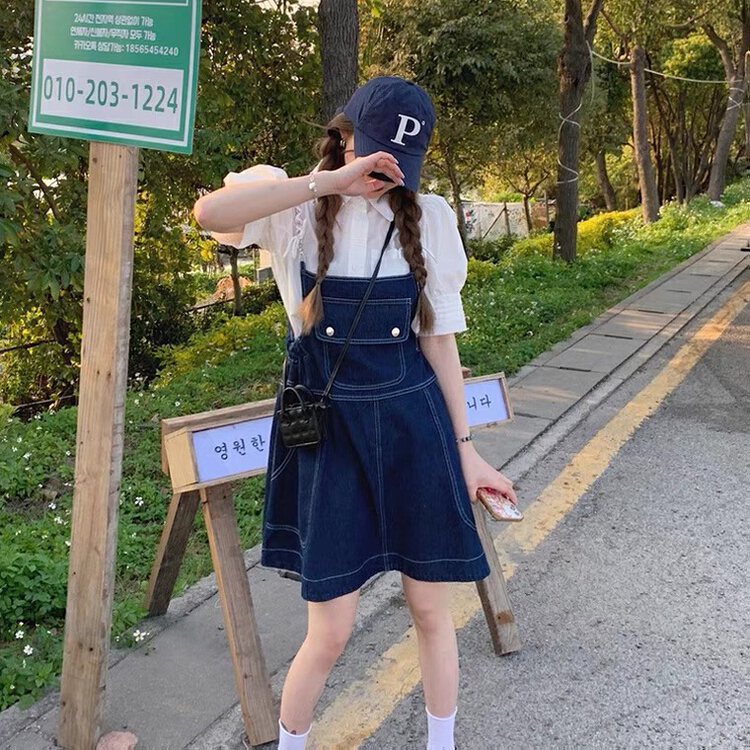 New in early summer! [L.L studio] new style bubble sleeve shirt + chain strap denim skirt set 7451# PCZ