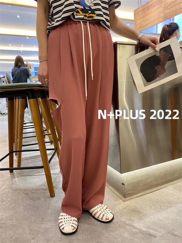 [n + Plus] elastic waist with holes, versatile casual pants 22067# ozq