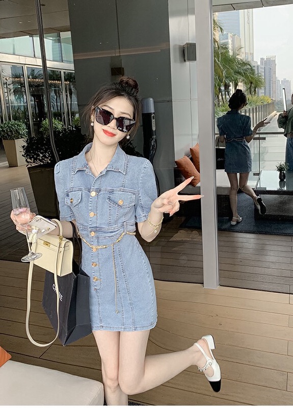 [come and see] waist closing denim fashion age reducing dress (with waist chain) 1116# JJ