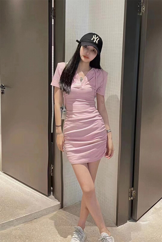 [13C. Studio] Korean hooded drawstring short sleeved dress 6837# PCZ