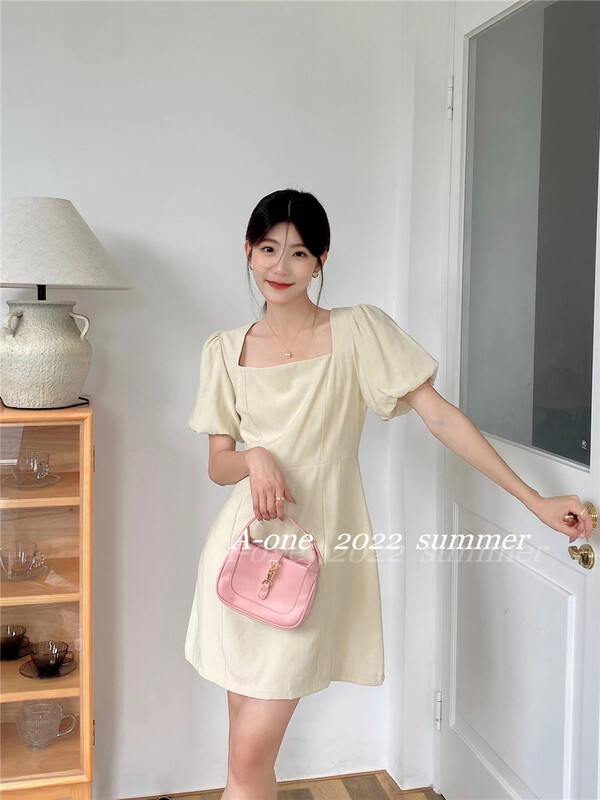 goods in stock! New in early summer! [A-One] elegant temperament small woman square neck dress 22091# hjy