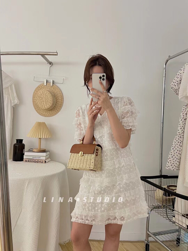 [Lina] V-neck French bubble sleeve dress 0131# hjy