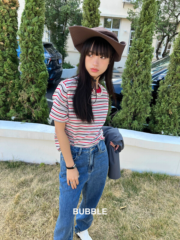[bubble] Korean casual stripe short sleeve T-shirt 22t021# jhy