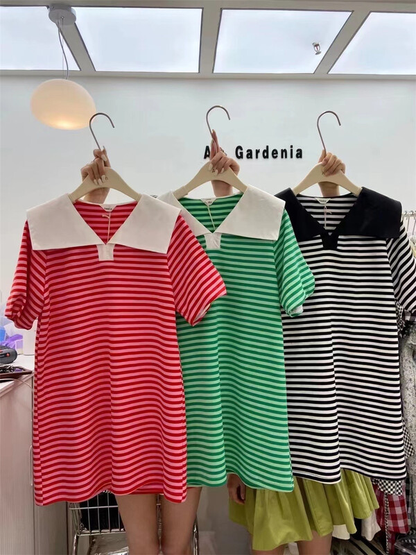 [neeko] Korean Lapel color matching stripe dress 3588# JJ