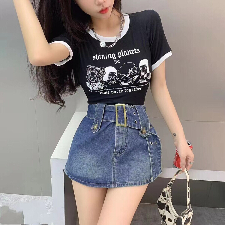 [fan fan] fashion color blocking Han fan'er letter beauty pattern short sleeve T-shirt 5852# JJ