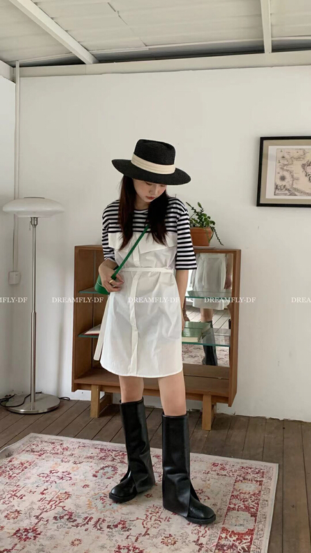 [dream fly] Korean stripe stitching dress (with belt) 61210# XJ