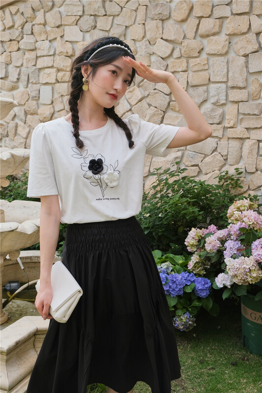 [Ziyuan] Korean three-dimensional floret bubble sleeve short sleeve T-shirt 9330# zxx