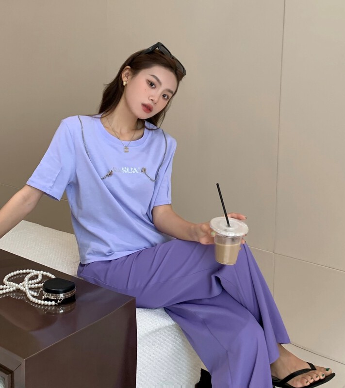 New in early summer! [qixuan'er] Korean version hand stitched hanging chain hot drill short sleeve T-shirt 2659# LSW