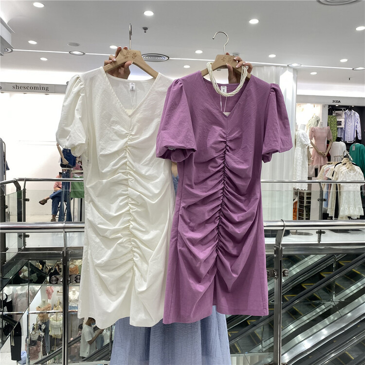 [Gusha] Korean V-neck bubble sleeve drawstring dress 6147# WPL