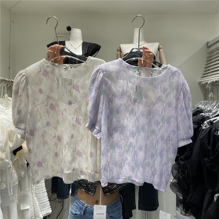 [hearteat] lace printed blouse with hollow back h4073# L