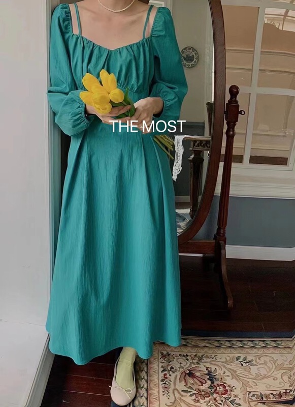 New year in early spring! [the most] square neck solid color suspender waist slimming dress 9587\hbx