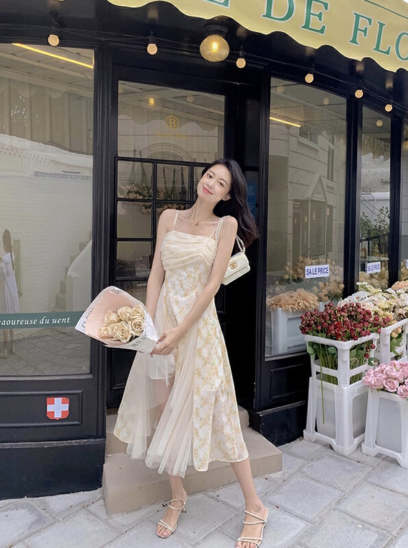 New in early summer! [w design] floral splicing mesh sling dress 11111# WPL