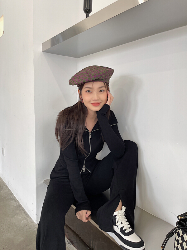 goods in stock! [DS] European double zipper fashion short coat + straight tube slim casual pants set a6260# XYJ