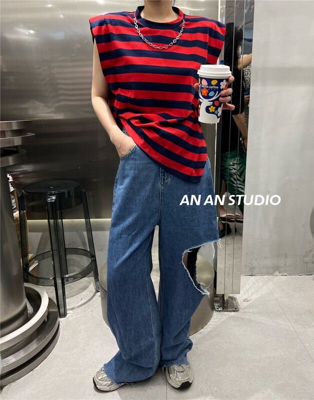 [Anan] striped multicolor shoulder pads fashion short sleeve T-shirt 5829# XYJ