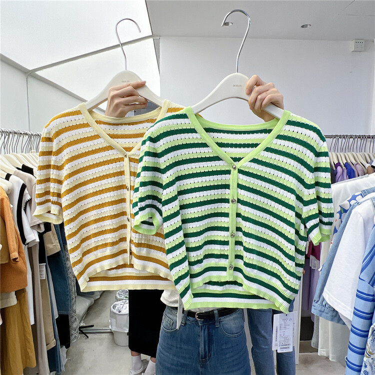 [Boran] V-neck single breasted color contrast knitted cardigan 7319# XYJ