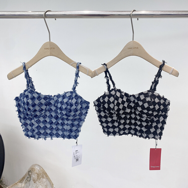 New in early summer! [Yang lotus] checkerboard lace up denim versatile vest / sling s12277187# ozq