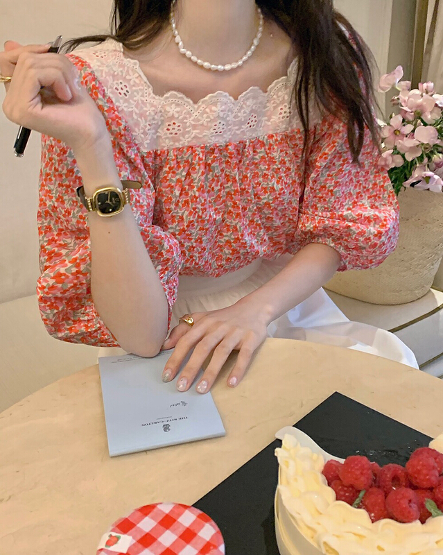 [blue show] ins floral stitching lace square neck bubble sleeve blouse 6122# LSW