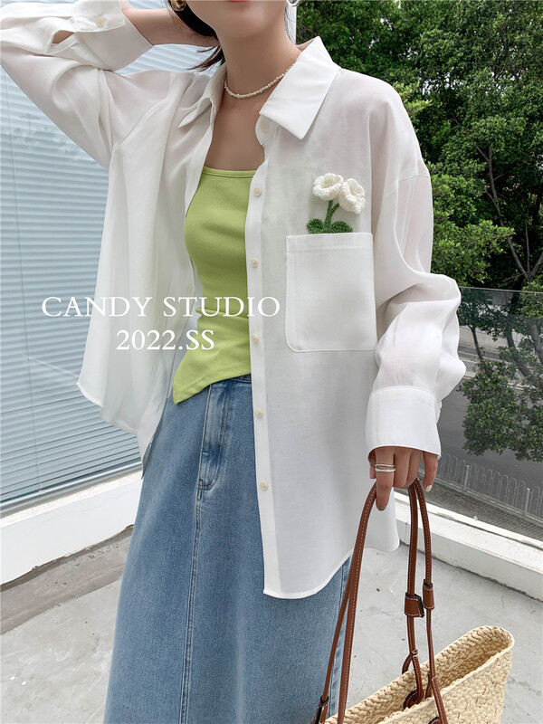 goods in stock! [candy] Korean three-dimensional flower single Pocket Shirt (flowers can't be disassembled) b8151# ZSY