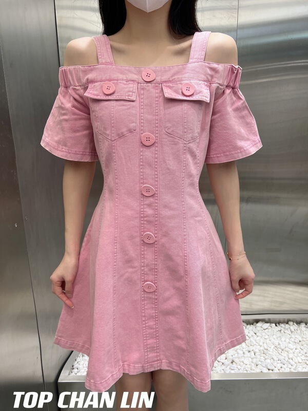 goods in stock! [top Chan Lin] Korean candy color one neck suspender denim dress 95133-2# cqw