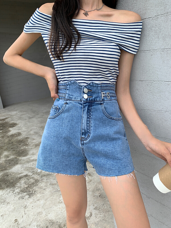 [M +] Korean version high waist versatile rough denim shorts 2003-1 wash blue # CLS