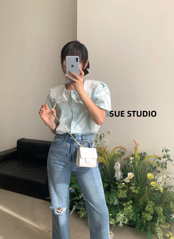 New in early summer! [Sue studio] fashionable, simple and versatile lace collar shirt 99906# ZSY