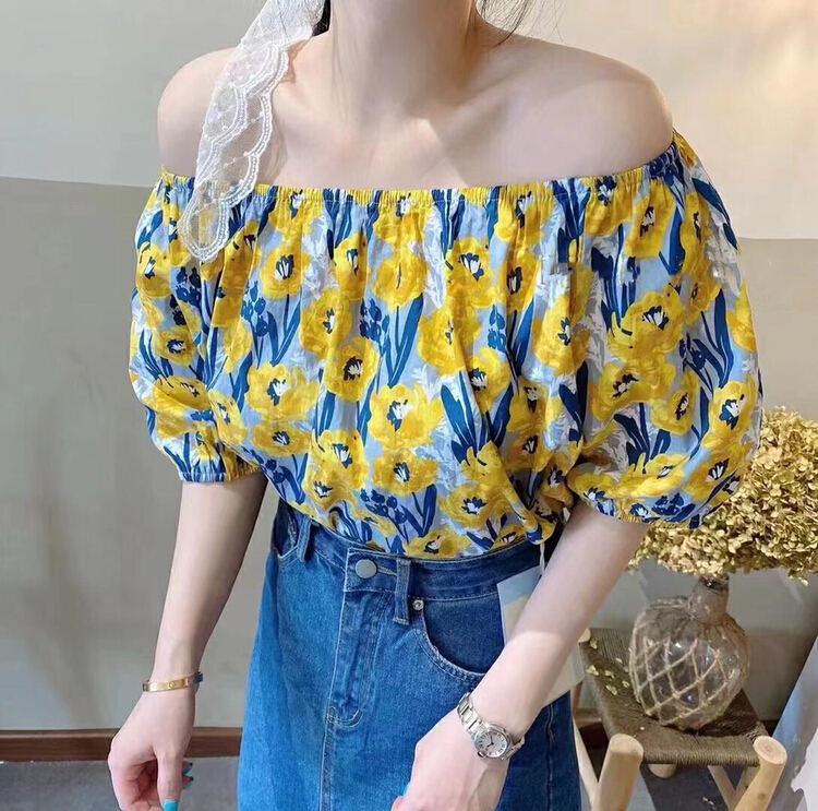 [Kiki] Korean version shoulder length floral shirt 1256# ozq