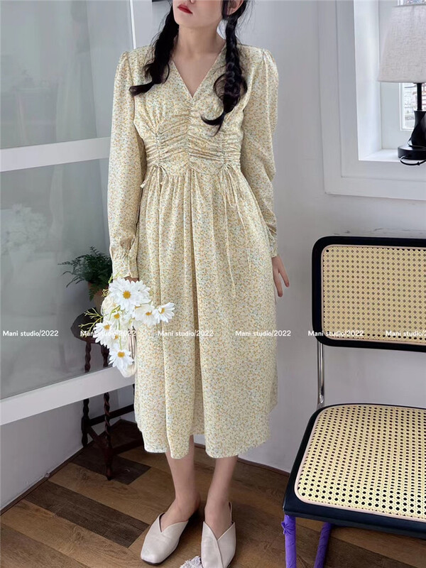 New year in early spring! [Mina] V-neck sweet floral drawstring dress ys1-6820# HBx