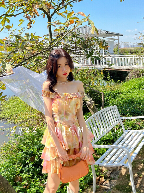 [digm] French romantic print waist closing slim dress 3728# zxx