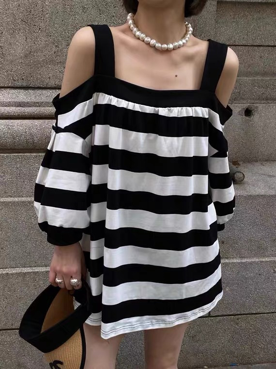 [c.h.z] off shoulder striped loose dress 90737# WTT