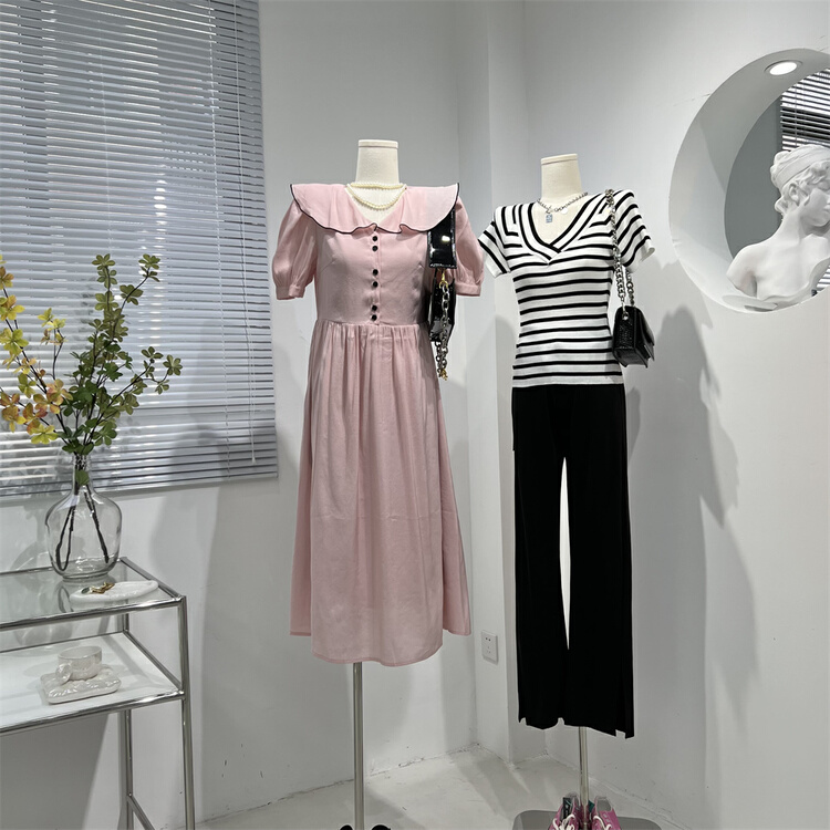 [hi candy] Korean version color contrast edge large lapel bubble sleeve dress b9093# lwy