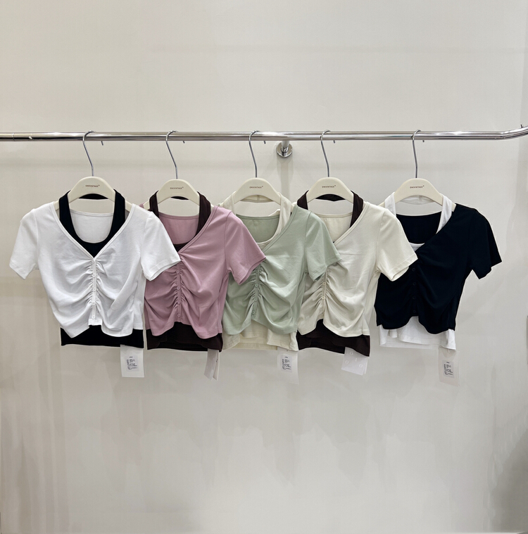 [onivinage Ernie] fake two-piece color matching short sleeved T-shirt with hanging neck ow224n5312# zxl