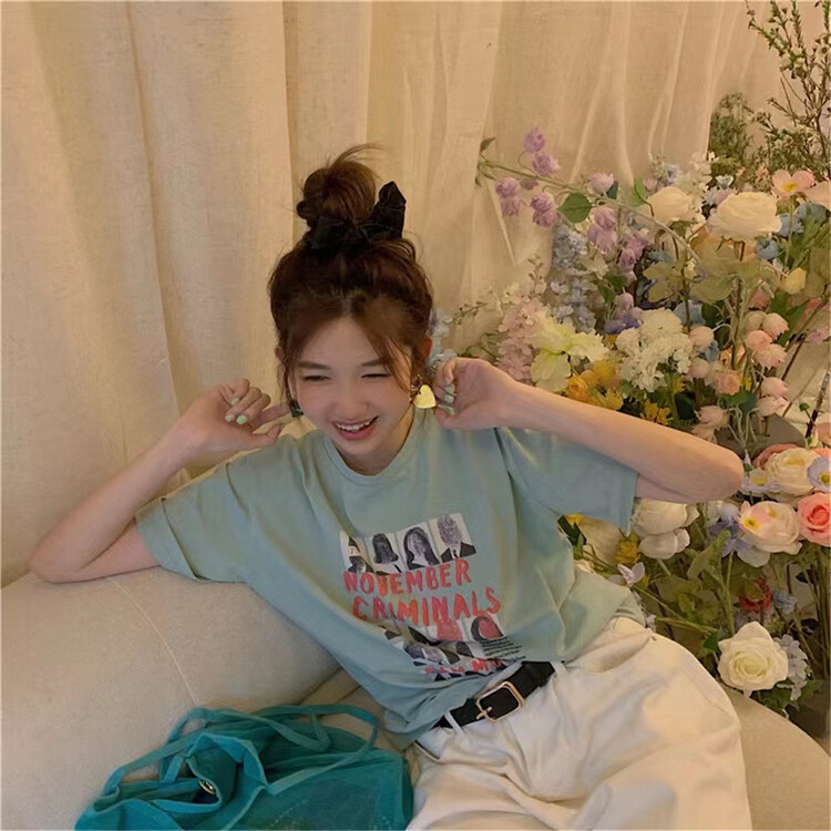 [timely rain] Korean round neck loose pattern printed short sleeve T-shirt 00462# WPL