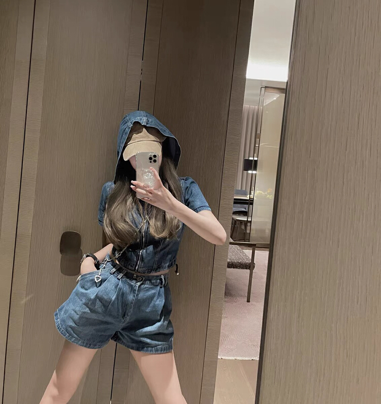[HH] hooded denim jacket + comfortable casual shorts two piece suit 8305# LSL
