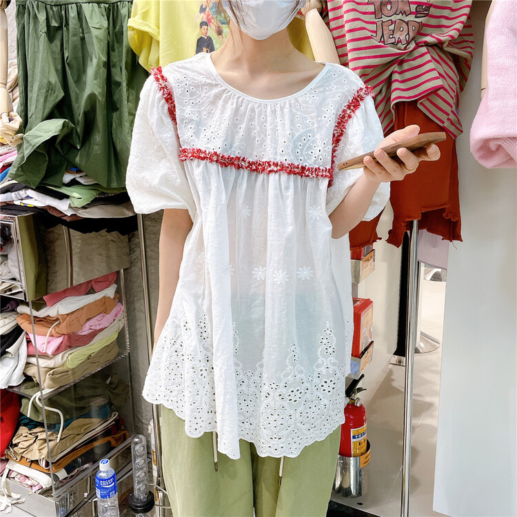 [Duo Duo] round neck color blocking hollow out embroidery blouse ys2-879# zyh