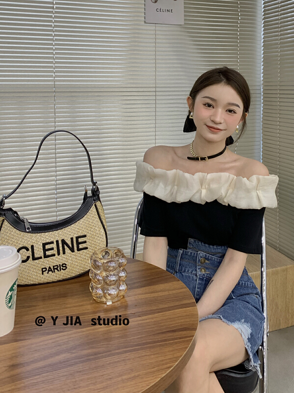 goods in stock! New in early summer! [y.jia Yijia] simple one line shoulder lotus leaf edge top + high waist irregular denim skirt suit ys1-8890# PCZ