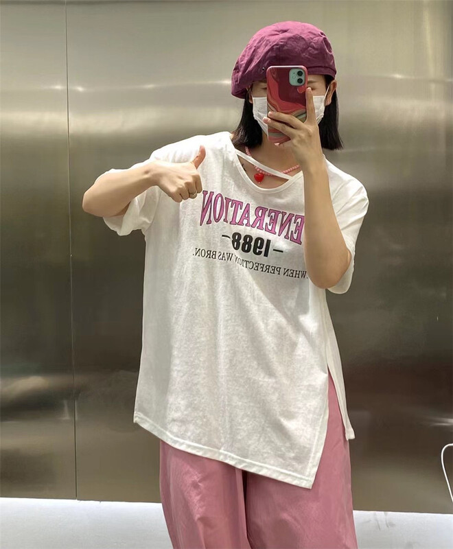 [we home] V-neck Pullover letter short sleeve T-shirt 2139# L
