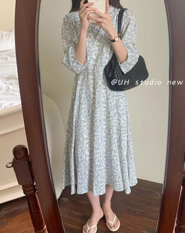 [uh] Korean V-neck short sleeve thin floral dress 6628-1# hjy
